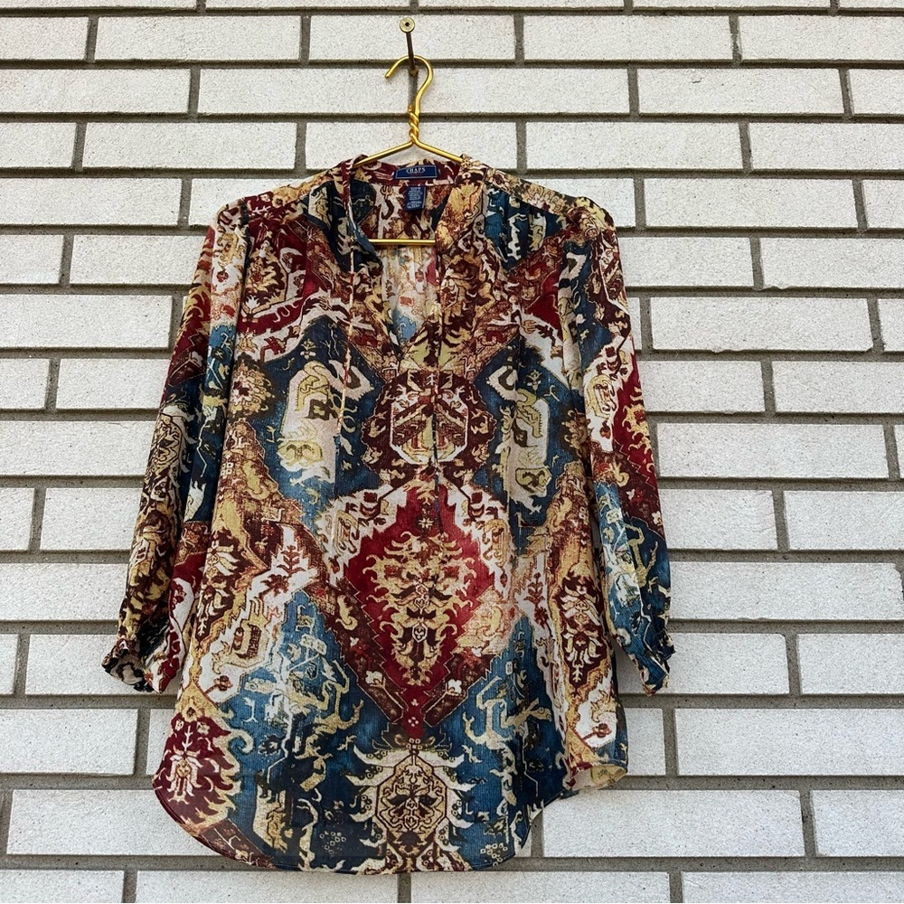 Chaps Denim Boho Tapestry Print Split Neck Tunic Blouse Long‎ Sleeve Indie M